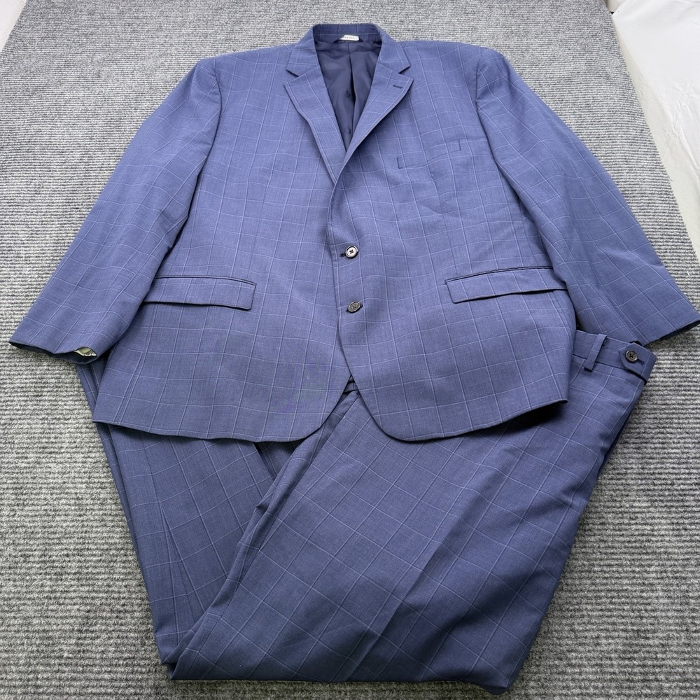 Ralph Lauren Wool Blend Jacket Pants Suit Men's 52R 46x31 Windowpane Blue Plaid